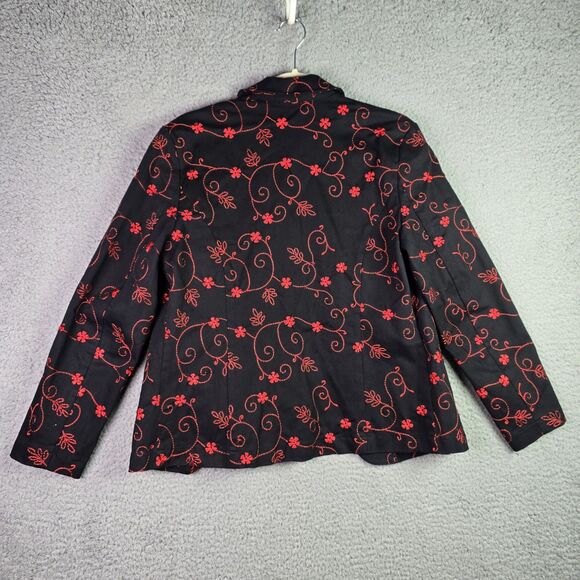 Christine Phillipe Womens Blazer 8 Black Red Floral Embroidered Cotton Pockets - Picture 2 of 15